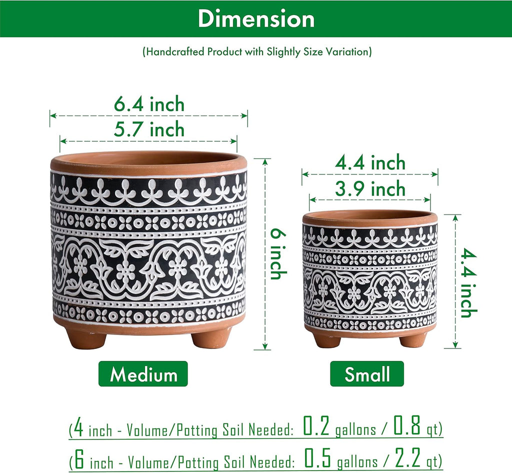 Set of 2 Terracotta Planter Pots, 4 Inch & 6 Inch, Design Plants Pot with Drainage Hole, Midnight Lace, Terracotta/Black, 31-953-F-2