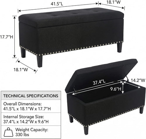 41" Large Storage Ottoman Bench with Nailhead Trim, Tufted Cotton Linen Rectangular Toy Chest, Sturdy End of Bed Bench for Bedroom & Entryway, Padded Footrest Stool with Safety Hinge, Black