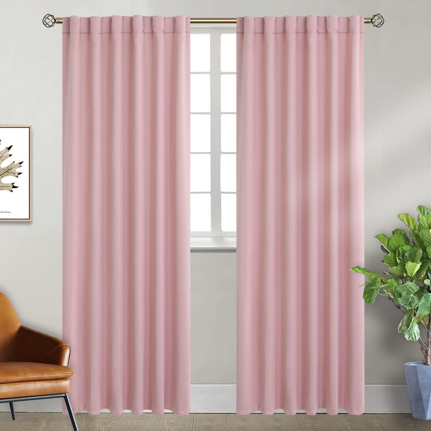 Rod Pocket and Back Tab Blackout Curtains for Bedroom - Thermal Insulated Room Darkening Curtains for Living Room, 2 Window Curtain Panels (52 X 95 Inch, Pink)