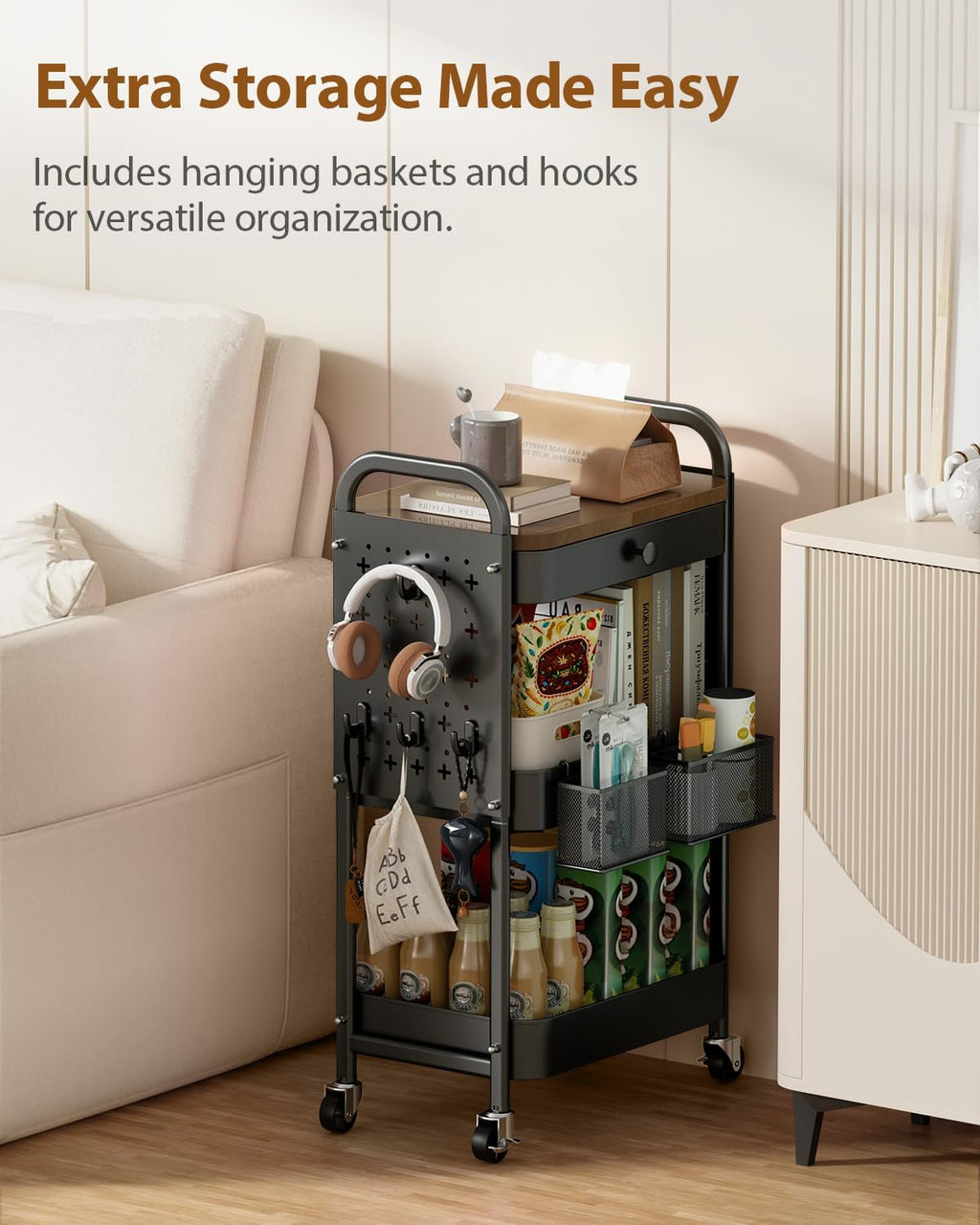 Rolling Cart with Drawer and Wood Table Top, 3 Tier Metal Rolling Utility Cart on Wheels with DIY Pegboards, Hanging Baskets, Hooks for Bedroom,Office,Craft Supplies (Black)