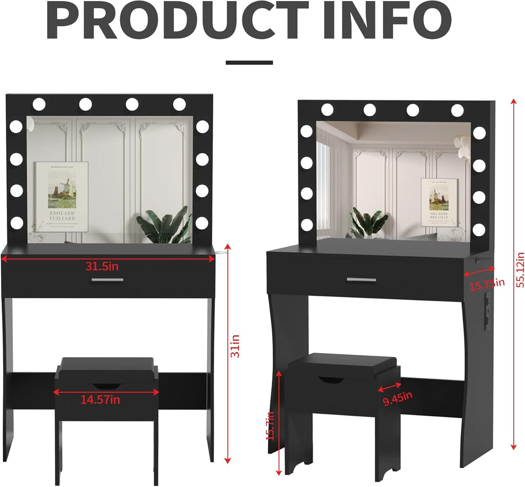 Vanity Table Set with Lighted Mirror - Makeup Vanity with Charging Station, Large Drawer Sturdy Wood Vanity with Lights, 3 Color Modes, Adjustable Brightness，Black