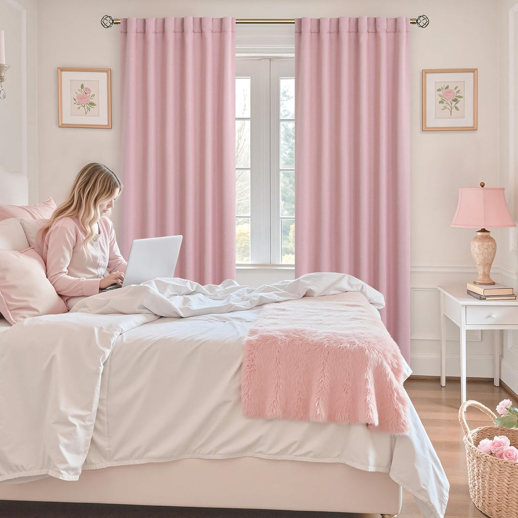 Rod Pocket and Back Tab Blackout Curtains for Bedroom - Thermal Insulated Room Darkening Curtains for Living Room, 2 Window Curtain Panels (52 X 95 Inch, Pink)