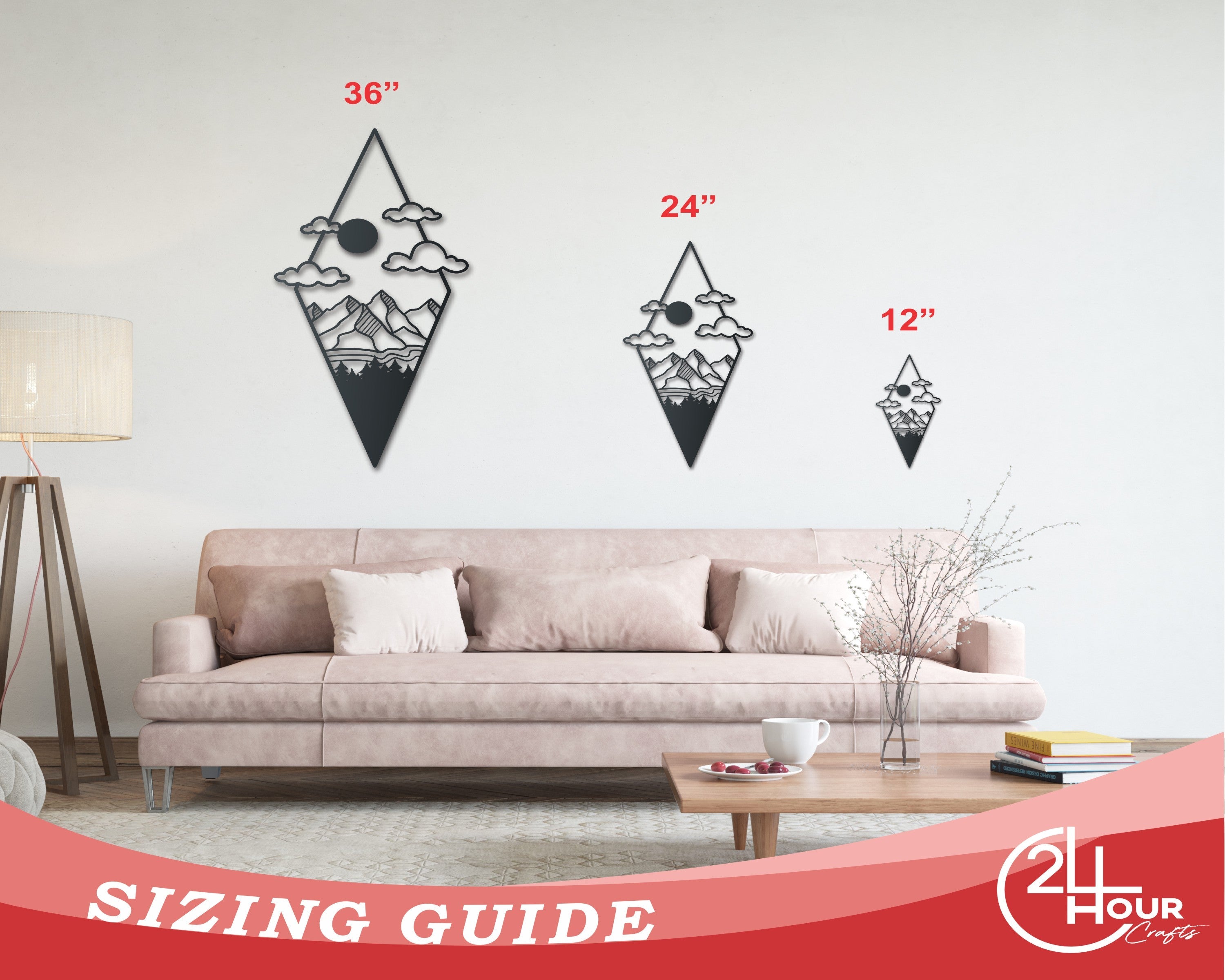 Metal Diamond Mountain Clouds Wall Art | Indoor Outdoor | Up to 46" | Over 20 Color Options