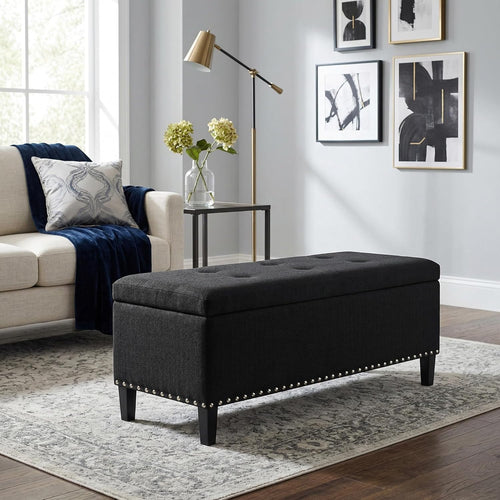 41" Large Storage Ottoman Bench with Nailhead Trim, Tufted Cotton Linen Rectangular Toy Chest, Sturdy End of Bed Bench for Bedroom & Entryway, Padded Footrest Stool with Safety Hinge, Black