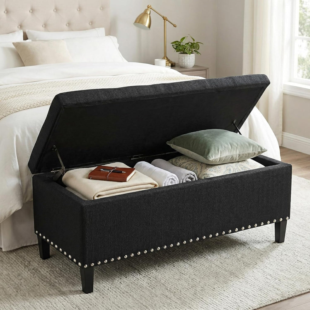 41" Large Storage Ottoman Bench with Nailhead Trim, Tufted Cotton Linen Rectangular Toy Chest, Sturdy End of Bed Bench for Bedroom & Entryway, Padded Footrest Stool with Safety Hinge, Black