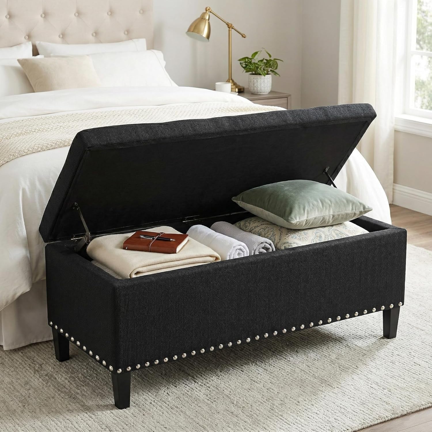 41" Large Storage Ottoman Bench with Nailhead Trim, Tufted Cotton Linen Rectangular Toy Chest, Sturdy End of Bed Bench for Bedroom & Entryway, Padded Footrest Stool with Safety Hinge, Black